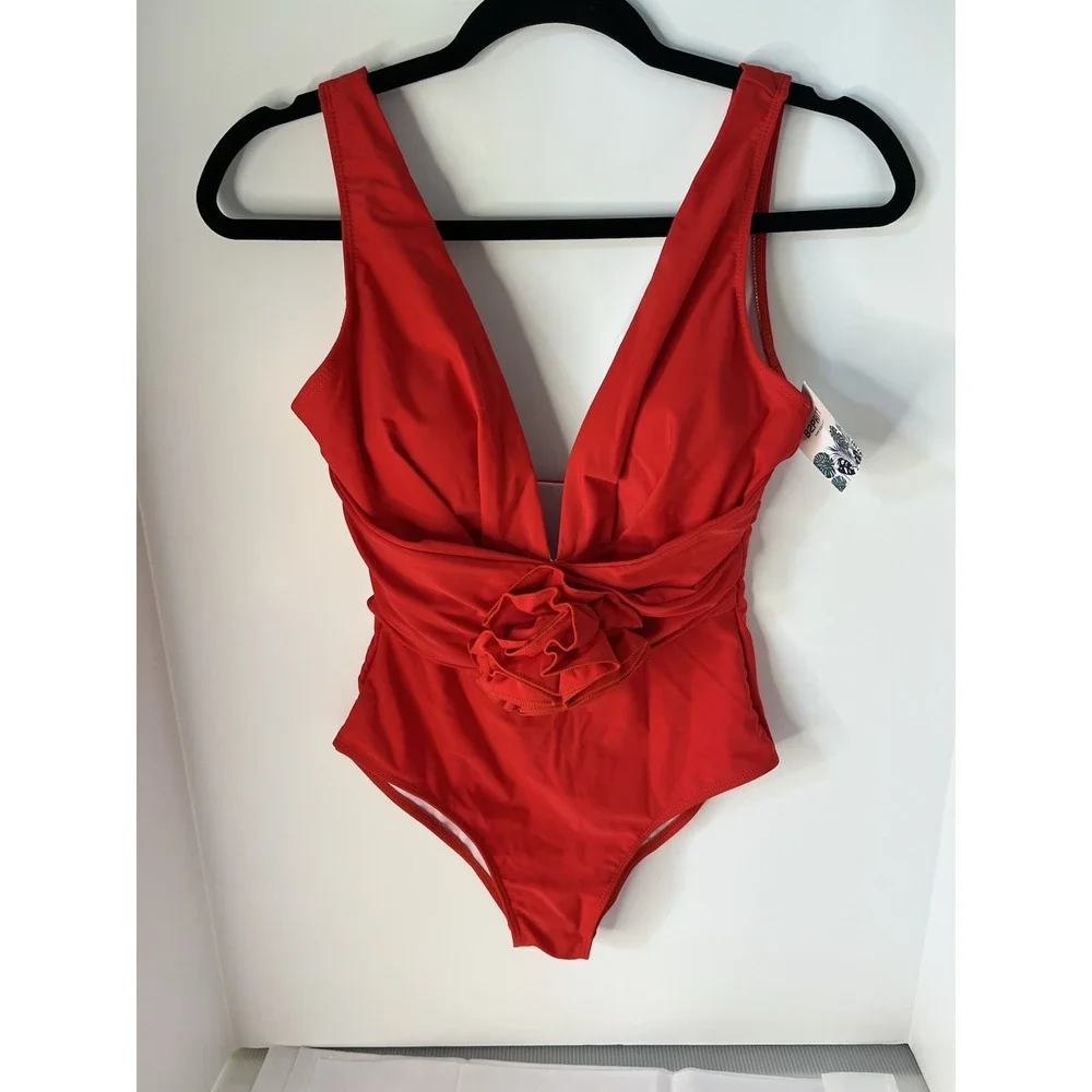 NWT B2Prity‎ Red One Piece Swimsuit Deep V Neck 3D Flower Detail